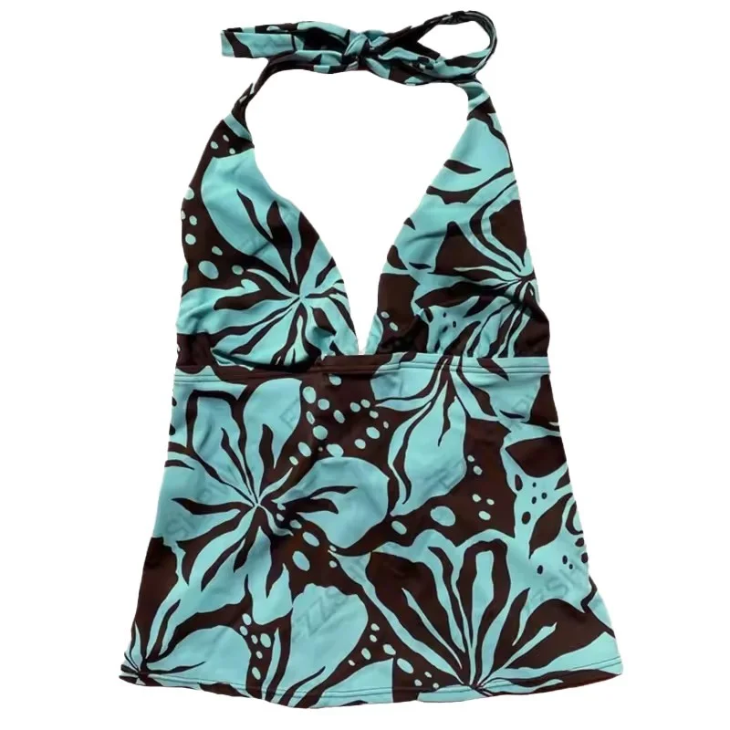 Vintage Hawaiian Hibiscus Floral Print Halter Tankini Top Deep V Neck Tie Back Slim Fit Women Retro Tropical Beach Pool Swimwear