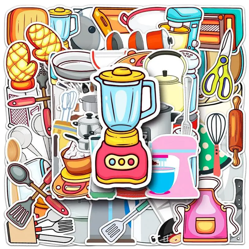 Colorful Sticker 50Pcs Cartoon Kitchen Utensil And Appliance Stickers For Refrigerator Wall Diary Decor Home Supplies