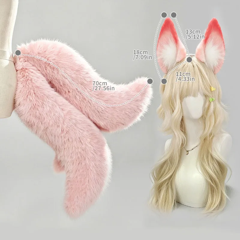 Pink Fox Ears and Nine Tailed Tail Set Fursuit Furry Kitsune Anime Headband Cosplay Accessory Halloween Party