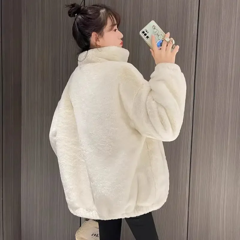Korejský styl zhuštěné jehněčí kožešinové bundy pro ženy, zimní baseballový kabát, růžový stojáček, plyšové krátké svrchní oblečení, kompaktní velikost - náhled 4