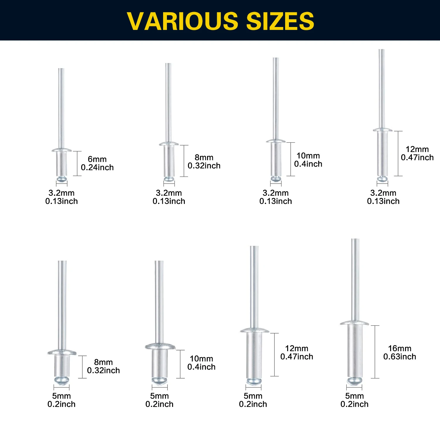 80/ 100/ 160/ 385pcs, Pop Rivets Assortment Kit, Aluminum Rivets Set in 8 Sizes, Blind Rivets for Metal with Organizer