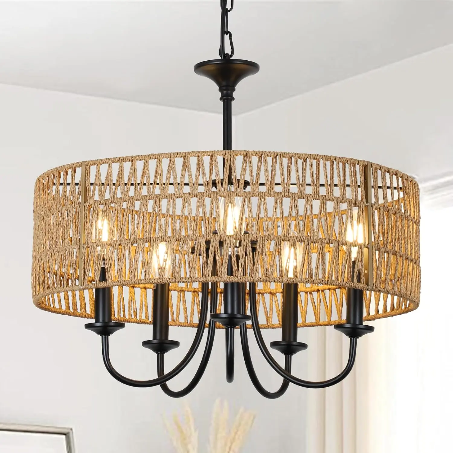 

Pendant Lighting with Hand Woven Wicker Shade, Boho Black Chandeliers for Dining Room Living Room Kitchen Island Bedroom