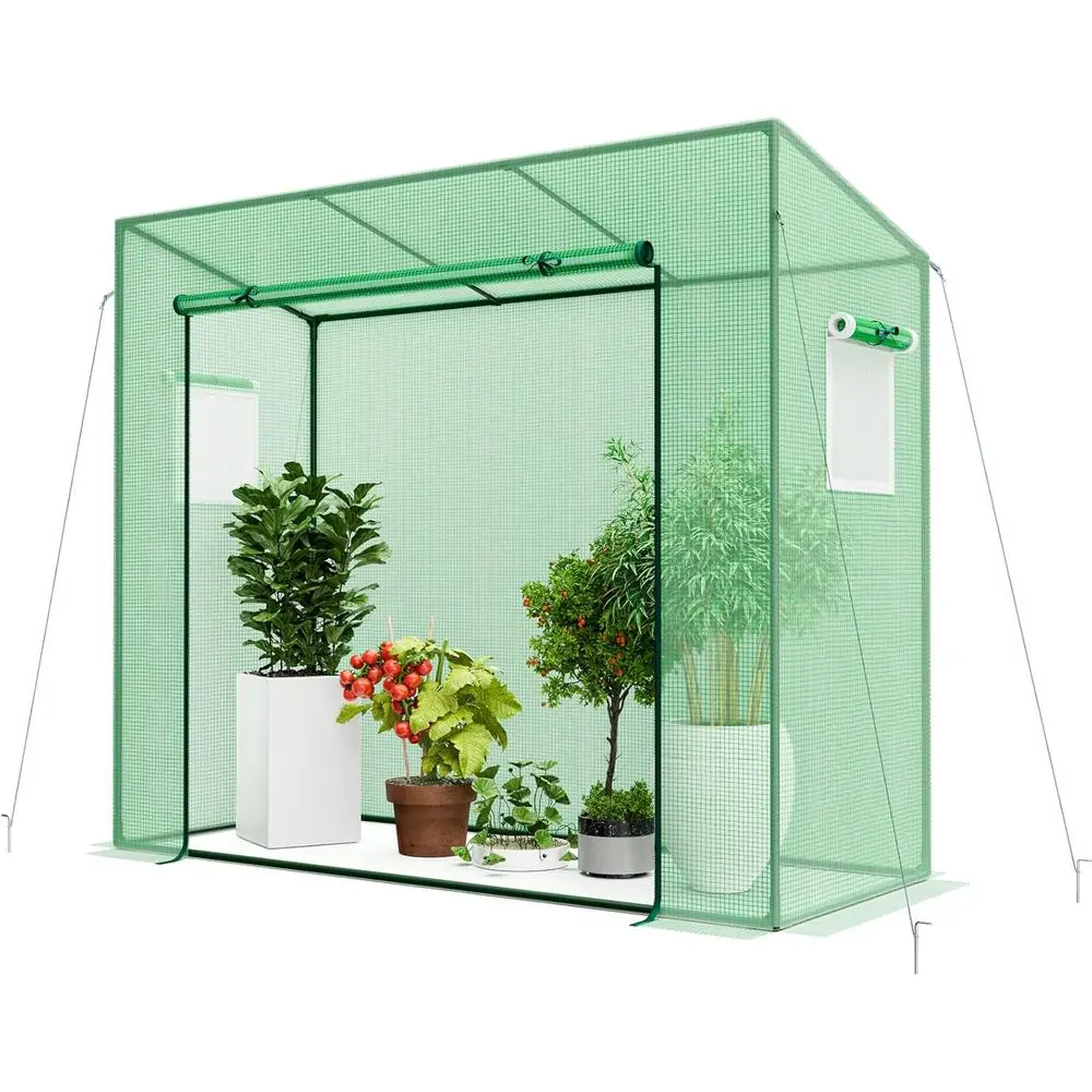 

Portable Walk-in Greenhouse with PE Cover, 4 Wind Ropes, Ground Stakes, Roll-up Door, Double-Layer Side Windows, 6.6m x 2.5m x 5