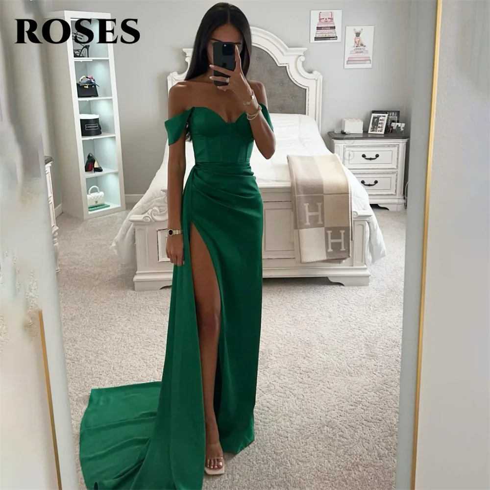 

ROSES Simple Green Evening Dress Sweetheart Mermaid Party Dress with Pleats Off The Shoulder Prom Dress Sexy Side Split 프롬드레스