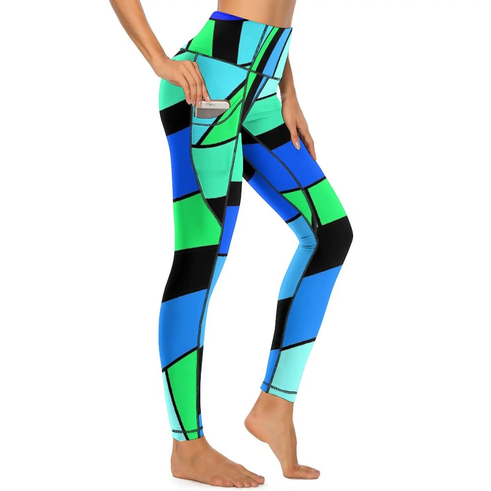 Colorblock Print Leggings Sexy Blue And Green High Waist Yoga Pants Sweet Stretchy Leggins Women Pattern Running Sports Tights