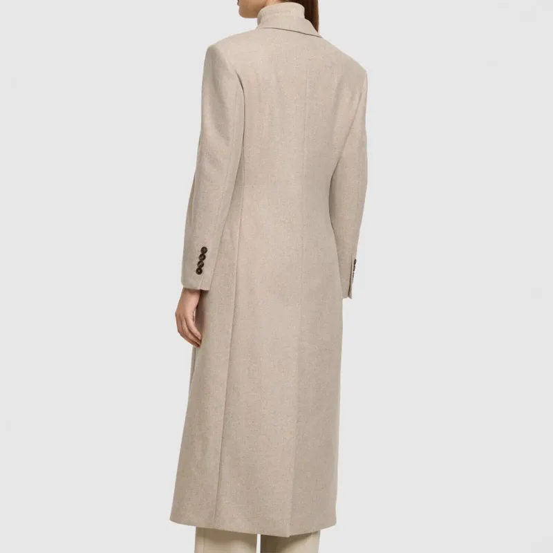 EAEOVNI 2025 Büro Dame Khaki Frauen Lange Anzug Jacke Kerb Kragen Taste Versammelt Taille Mantel Mode Neue Kleidung 1A950