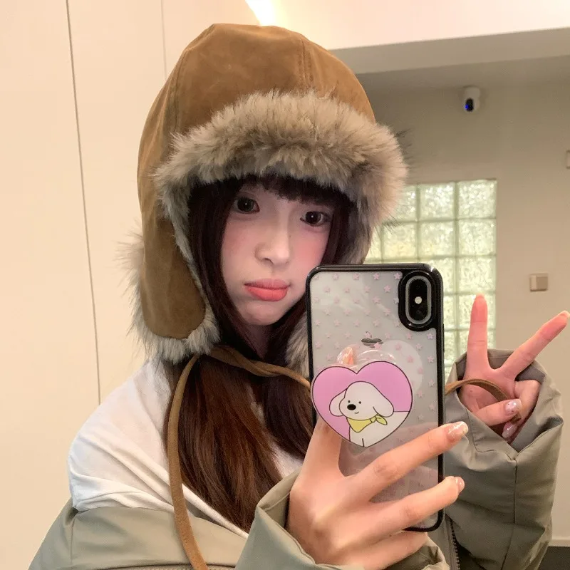 

Retro Suede Thickened Plush Strap Bomber Hats for Women Winter Outdoor Leisure Warm Versatile Ear Protection Men's Caps