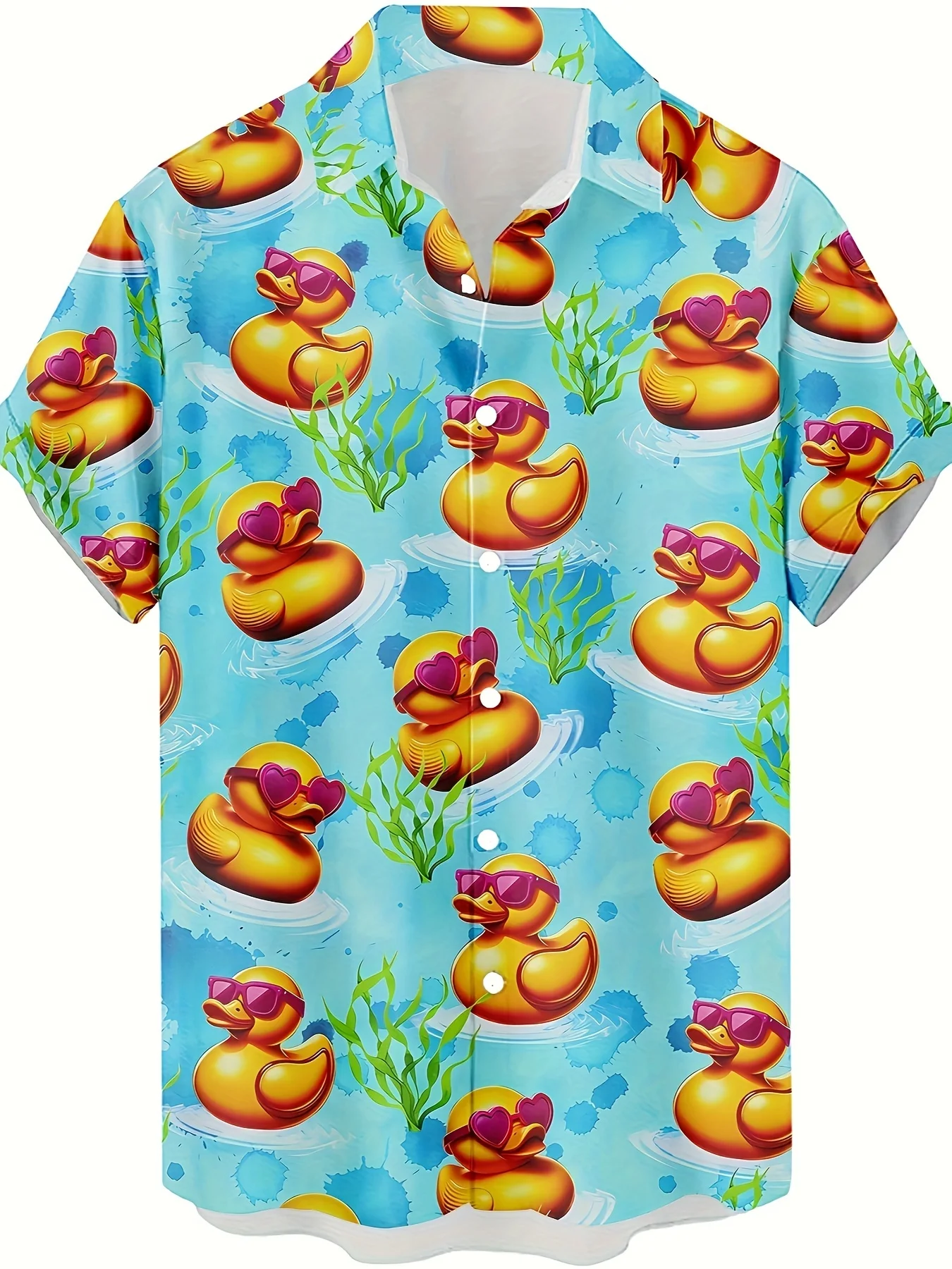 

Men's Fashion Hawaiian Style Shirt, Retro Cartoon Ducks Pattern Allover Print Short Sleeve Button Up Lapel Shirts For Vacation