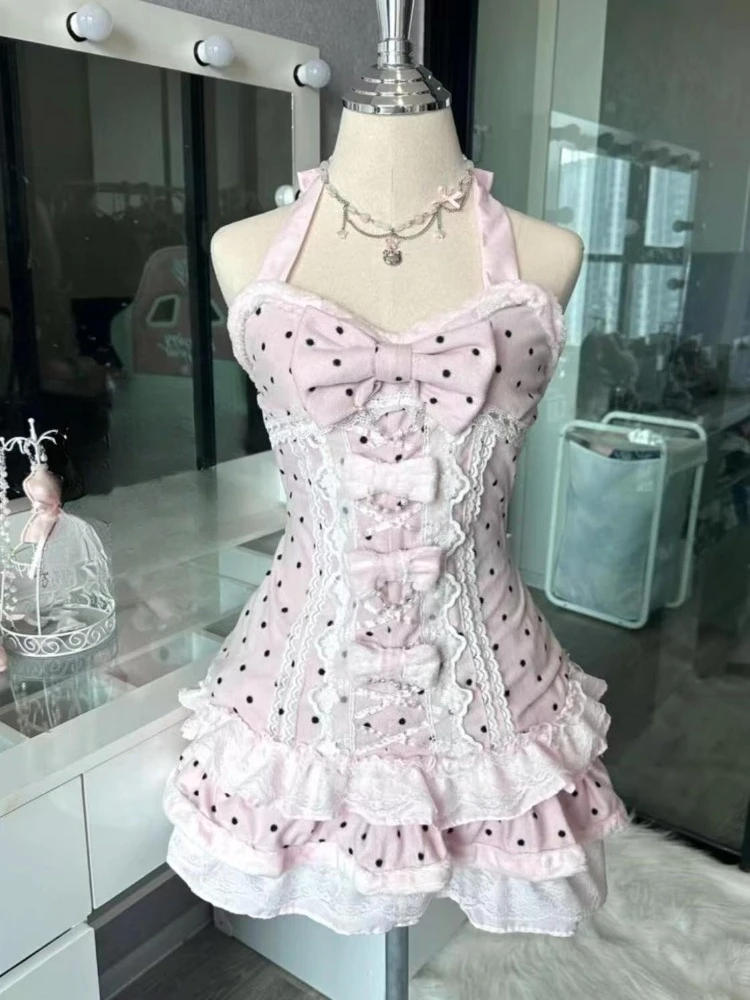 Moda coreana Y2k Estetica Abiti da donna Stile Lolita Polka Dot Fiocco in pizzo Dolce dimagrante Halter Top Design Minigonna Abiti