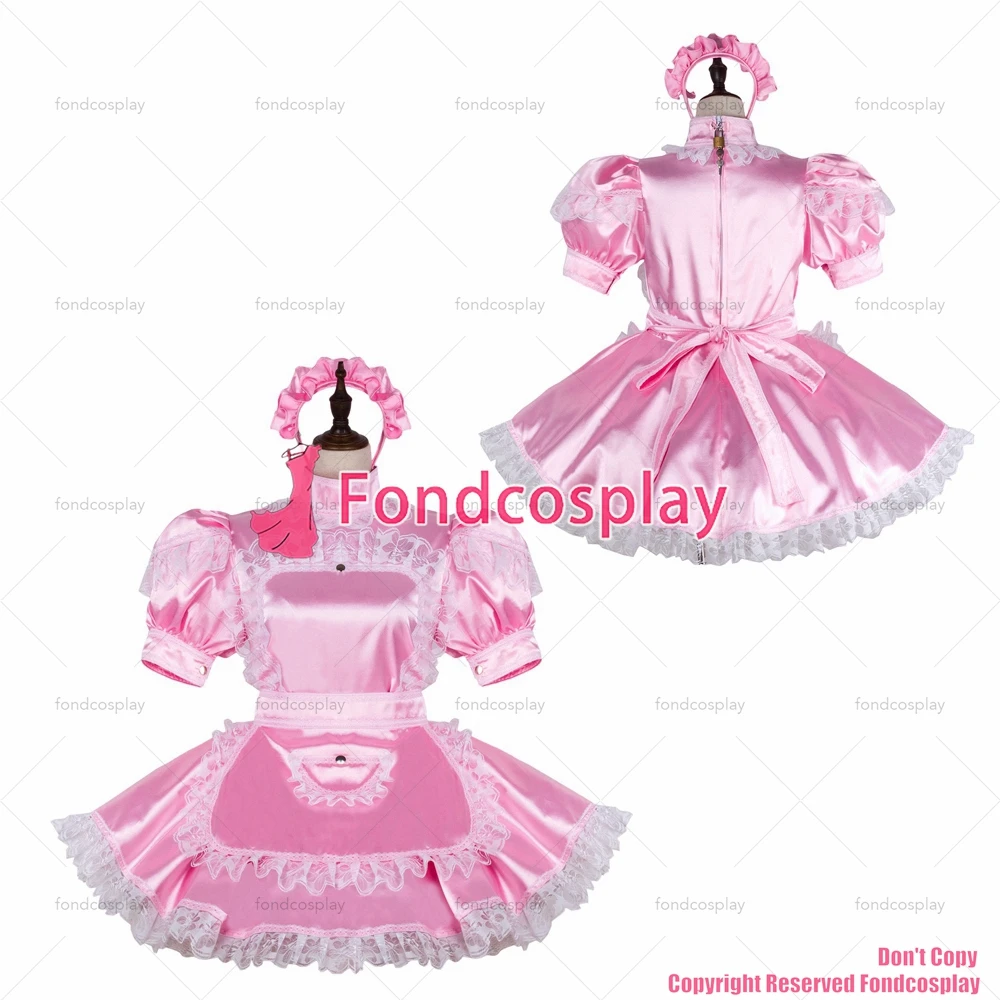 

fondcosplay adult sexy cross dressing sissy maid short baby pink satin dress lockable Uniform cosplay costume CD/TV[G2396]