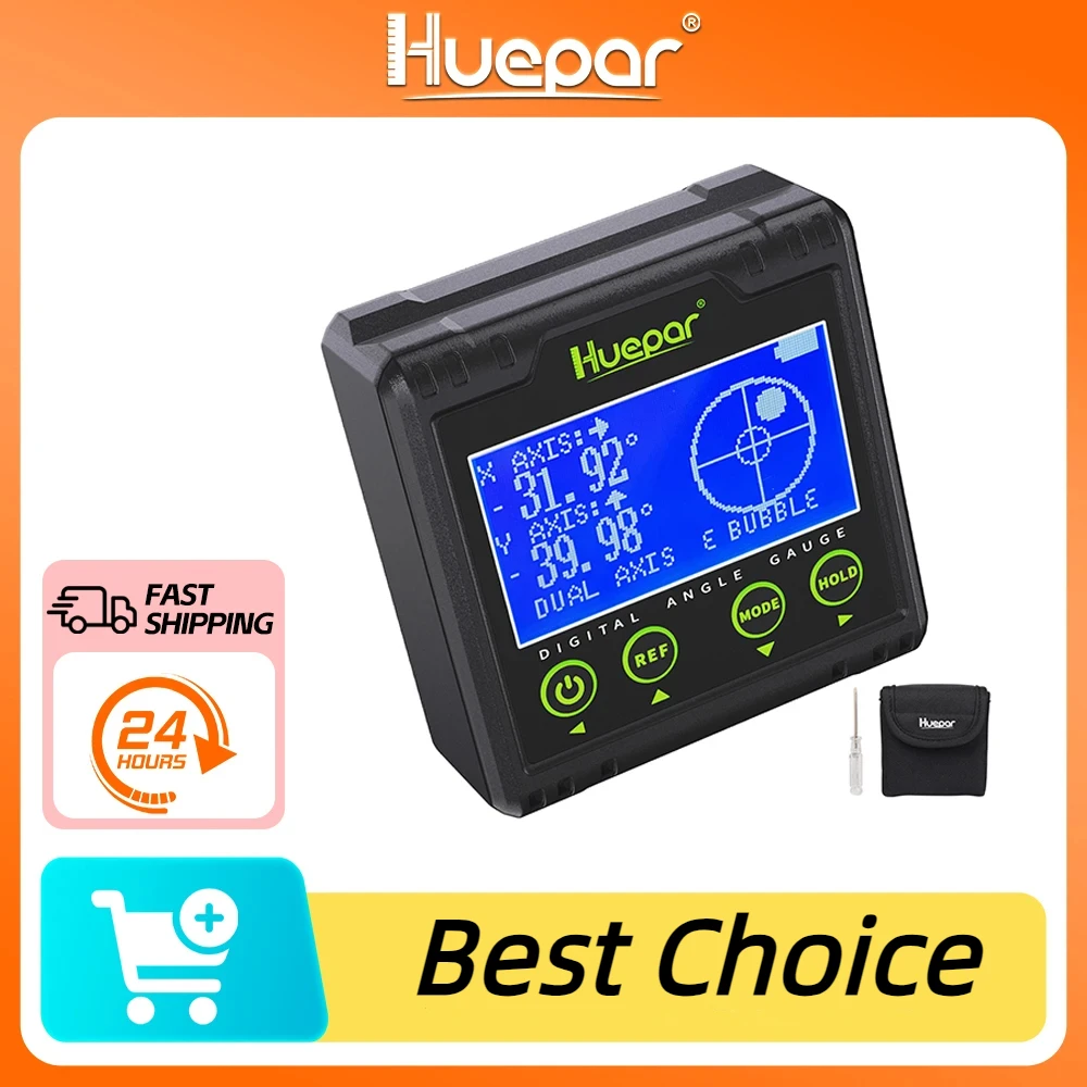 Huepar Digital Angle Gauge Protractor Electronic Bubble Angle Finder Dual Axis Level Box 0.01° Resolution V-Groove Magnetic