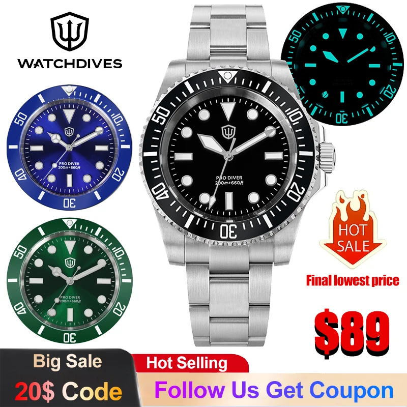 

Кварцевые часы Watchdives WD1680Q с механизмом VH31, сапфировым стеклом, светящимся циферблатом, роскошные часы из нержавеющей стали 316L, водонепроницаемые до 200 м.