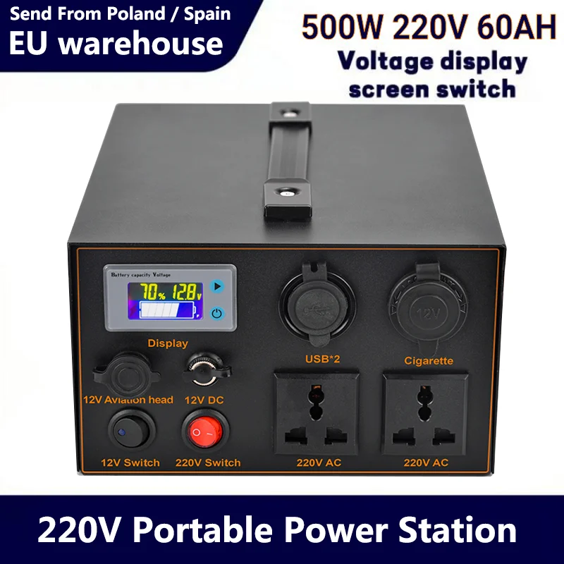 12V 60AH 500W Portable Power Station Backup Lithium Battery 220V Pure Sine Wave AC Socket Rechargeable Battery Pack for Outdoor