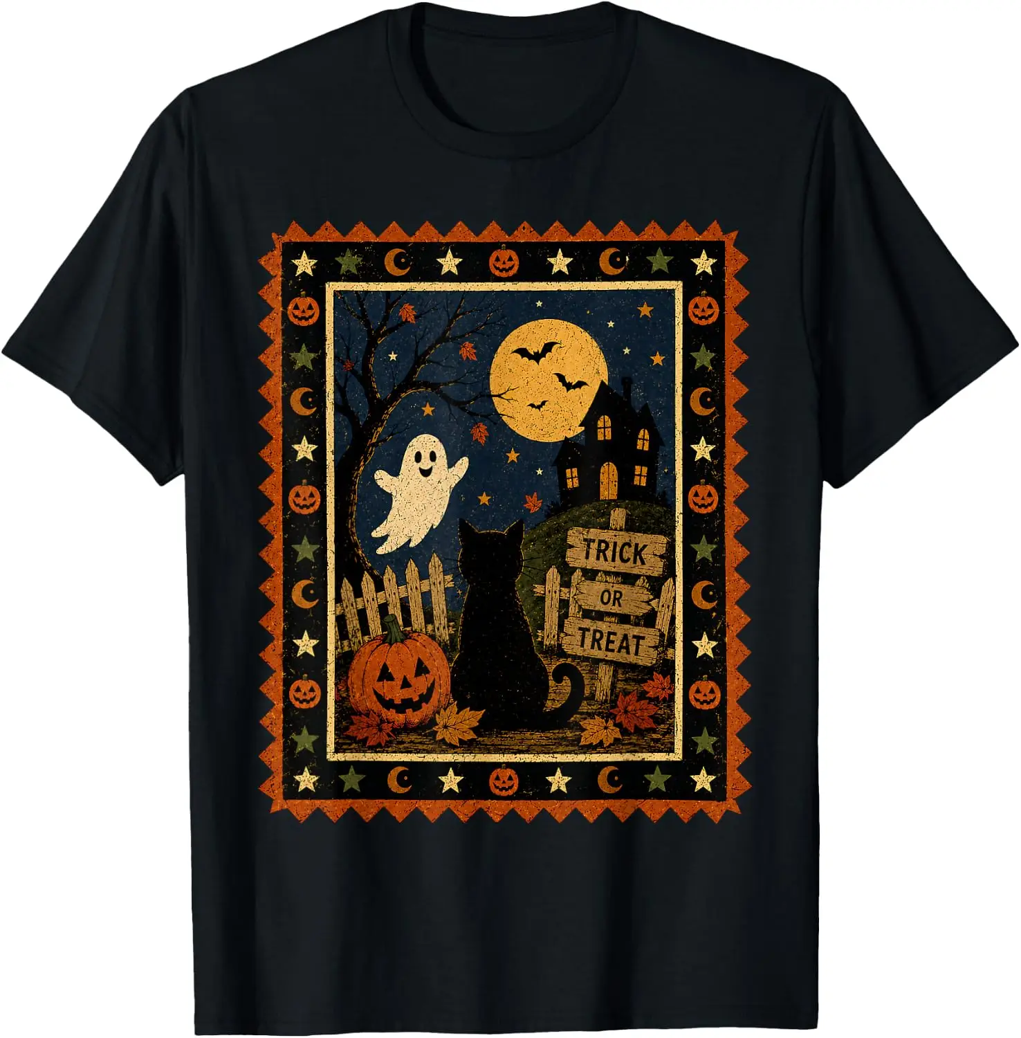 Retro Vintage 90S Black Cat And The Moon Haunted House T-Shirt Men Women Unisex Novelty Graphic T‑Shirt, Classic Crew Neck 100% Cotton Tee, Lightweight Anti‑Pilling Breathable Casual Tops, Year‑Round Daily Outfit, Holiday Birthday Present Tee