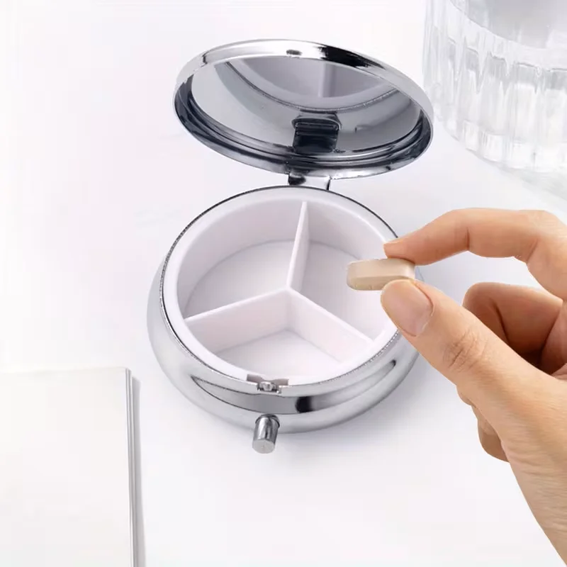 Compact travel pill organizer, three-compartment portable pillbox with custom images, moisture-proof design, fits in wallet/pock