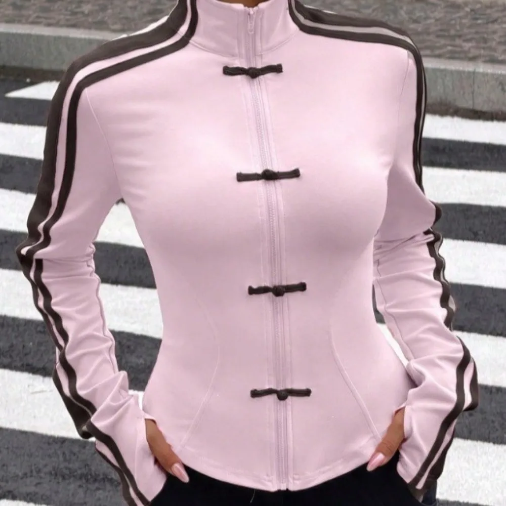 Slim Fit Frog Button Jacket Striped Pattern Long Sleeve Casual Coat Stand Collar Y2K Aesthetic Cropped Sweatshirts Autumn Winter