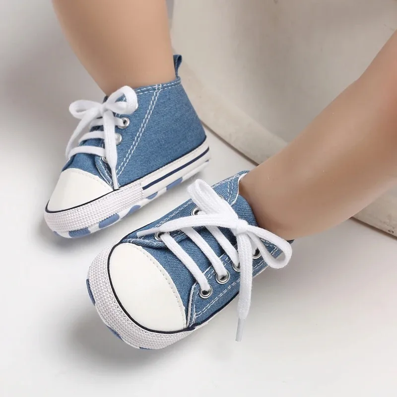 

Blue Canvas Crib Shoes for Baby Boys Girls Lace-up First Walkers Toddler Sneakers Newborn Flats