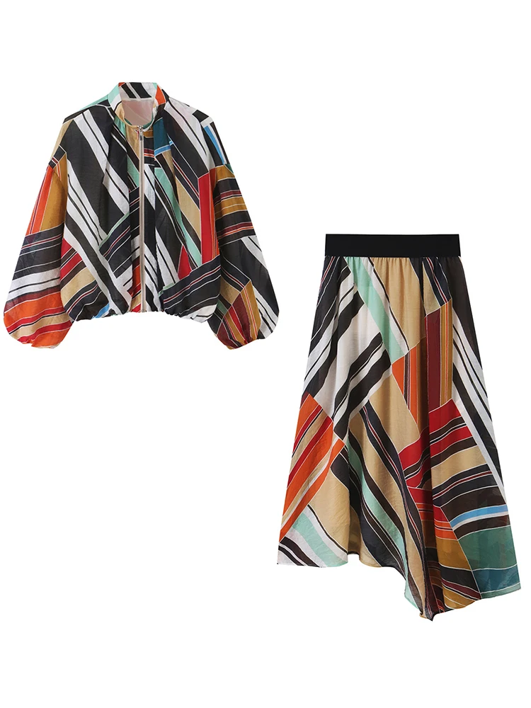 Casual Women Geometric Print Bomber Jacket Asymmetric Midi Skirt Set 2026 Spring Autumn Female Colorful Stripe 2-Piece Outfit view 3