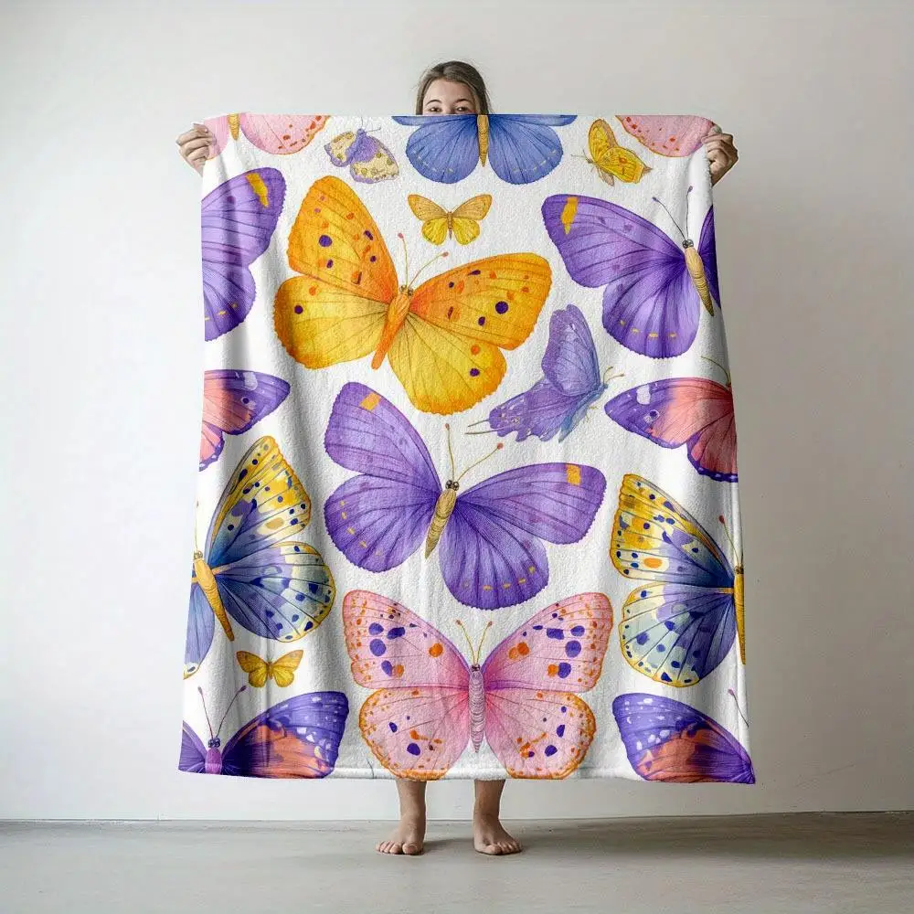 

1pc & Soft Warm 280gsm Flannel Blanket - Vibrant Multicolor Butterfly Print, All-Season Cozy Bedspread,,, Travel & Home Decor