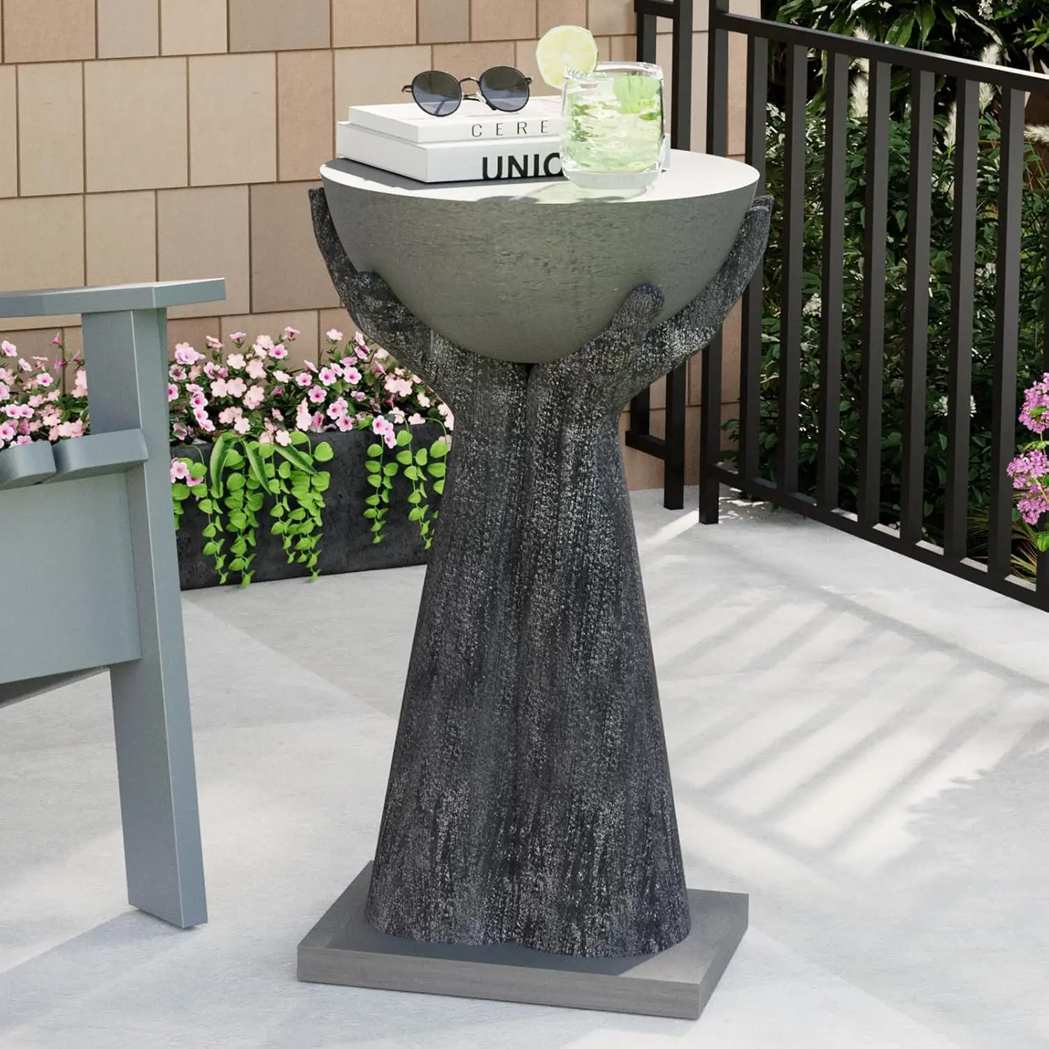 

Outdoor Side Table, 24" H Hand-Shaped Concrete Side Table, Accent Patio End for Outside, Decorative Garden Stool for Plant Stand