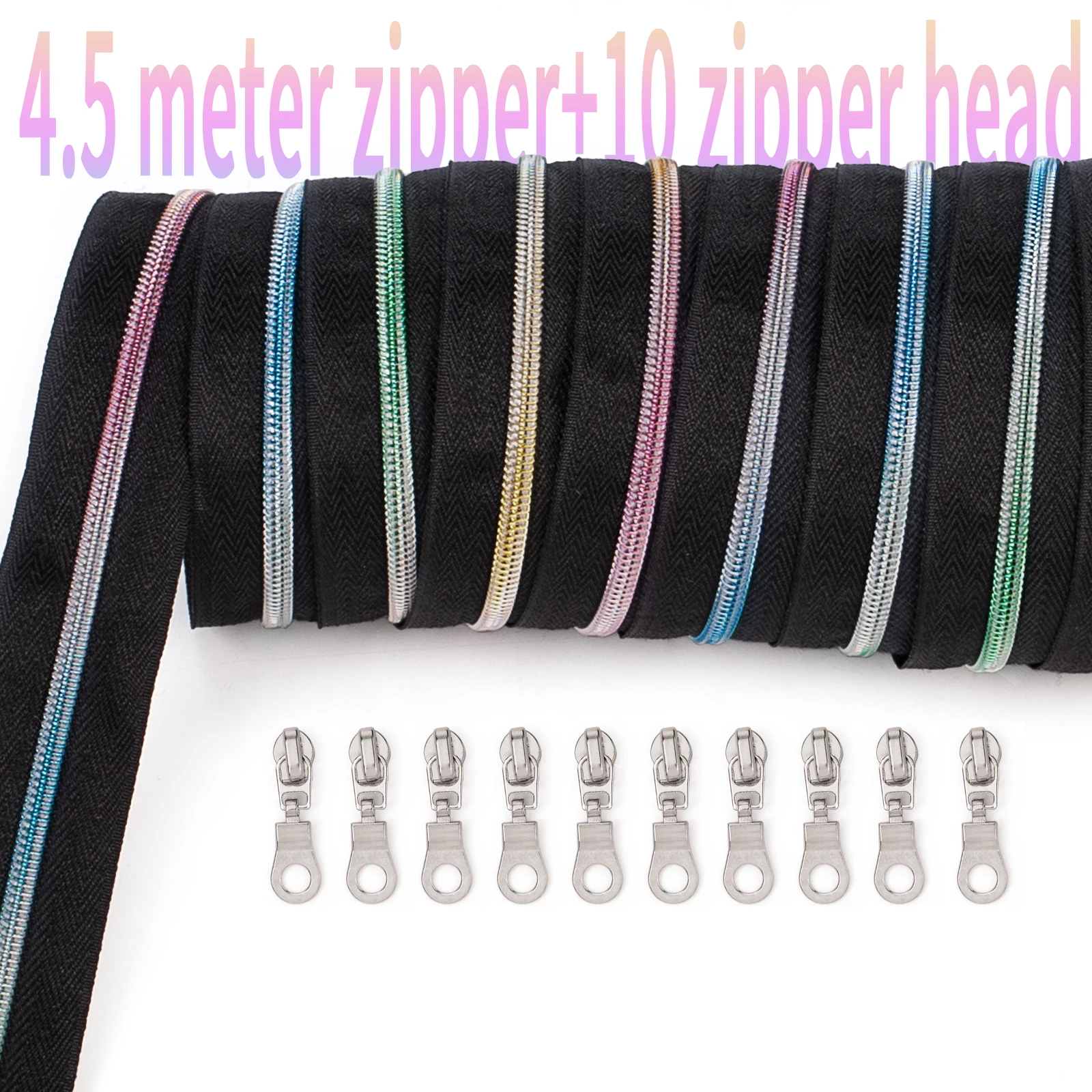 1 Set=4.5m Zipper 10 Zipper Heads, 3# Nylon Chains, Gradient Teeth, Gold Teeth, Silver Teeth, Antique Copper Nylon Zippers, Sui