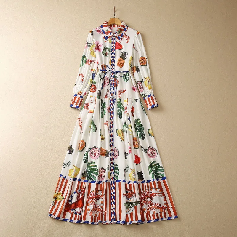 

European and American women's clothes 2023 summer new Long-sleeved lapels fashion Striped Fruit Print Dress