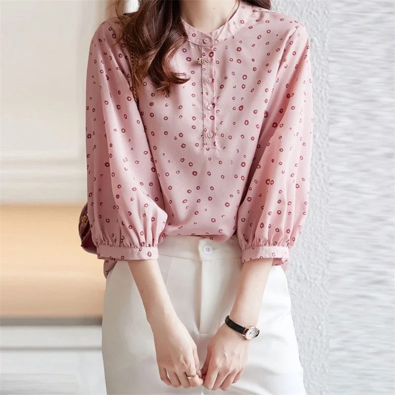 Woman Spring Summer Style Blouses Tops Lady Casual Half Sleeve Stand Collar Polka Dot Printed Blusas Tops DF4474