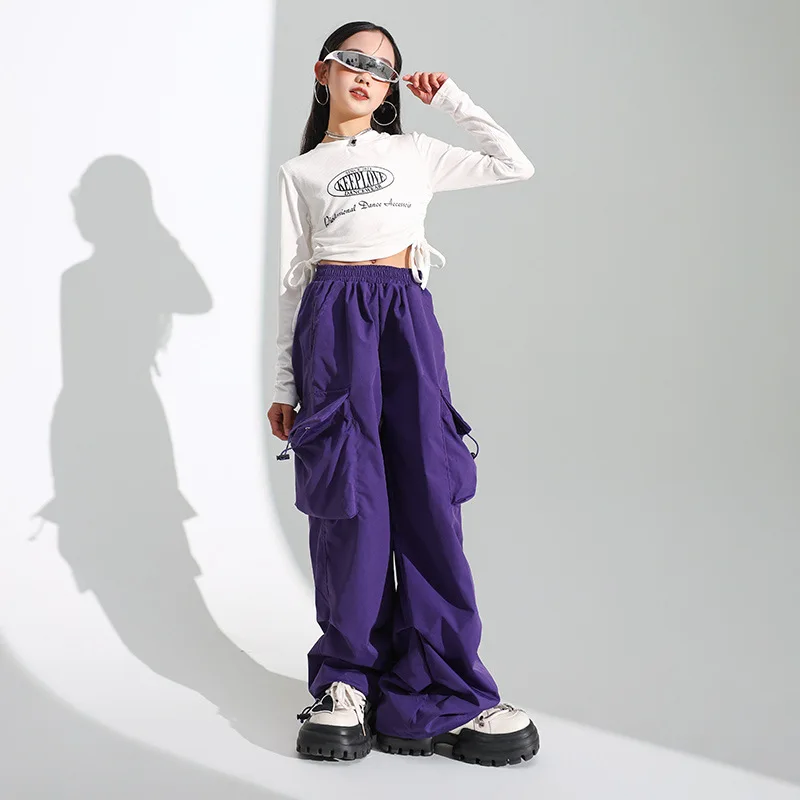 Kids Street Dance Clothing Hip Hop Dance Costume Long Sleeve Top Cargo Pants Teenage Girls Jazz Drum Show Stage Clothes 6 8 10 Y