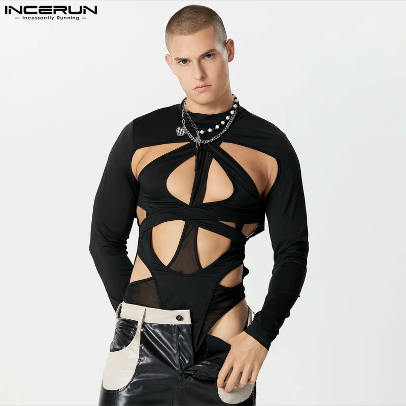 

INCERUN 2023 Sexy Style Mens Patchwork Mesh Jumpsuits Fashion Rest Hollowed Half High Neck Triangle Long sleewed Bodysuits S-3XL