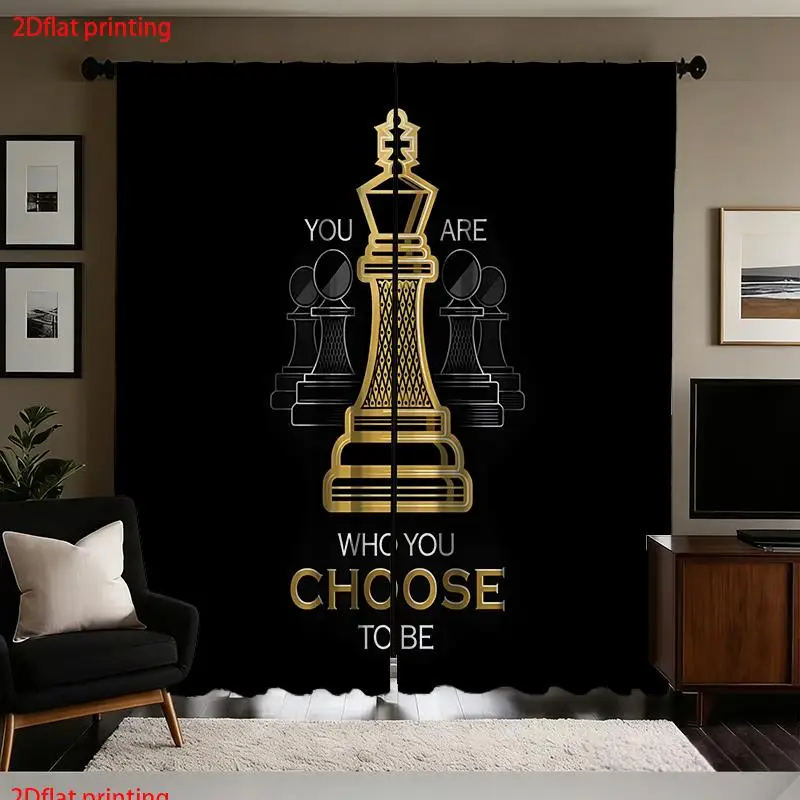 Golden Chess King Curtains, Inspirational Quote Print Drapes, Black Strategy Game Room Study Window Treatment Decor