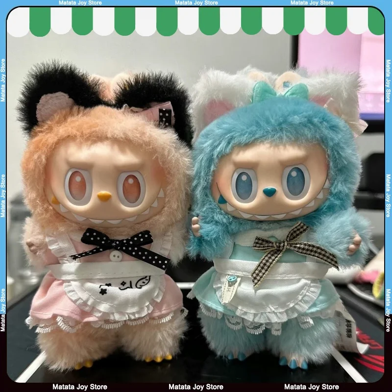 Traje de sirvienta para gato, solo ropa para muñeca Labubu, delantal de encaje bonito de felpa de 17cm, accesorios para gatitos, cola con orejas de gato, juguetes de repuesto azules y rosas