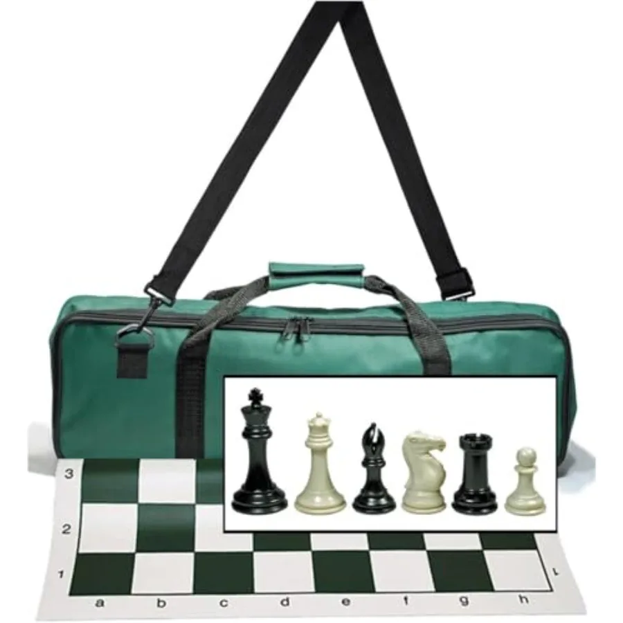 

Travel Chess Set for Adults w/ Deluxe Green Canvas Bag - Triple Weighted Pieces & 4.0" King - Vinyl Roll-Up Board - 2 Players