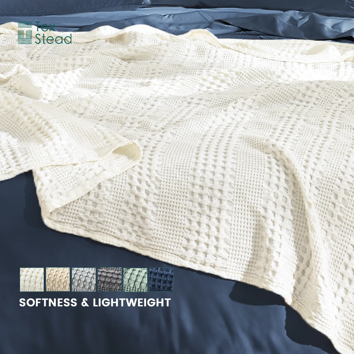 Cotton Bamboo Waffle Cooling Blanket, Lightweight & Breathable Summer Throw, Solid Color Honeycomb Weave for Hot Sleepers
