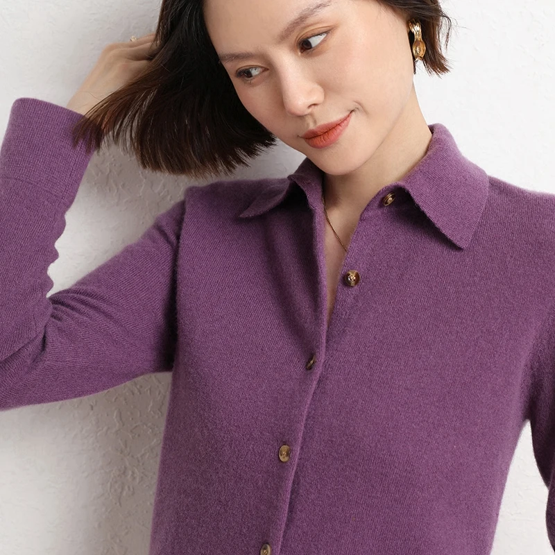 Genuine Women\'s Polo Collar Long-Sleeved Shirt Autumn And Winter New Wool Knitted Cardigan All-Match Purple Cashmere Sweater Top