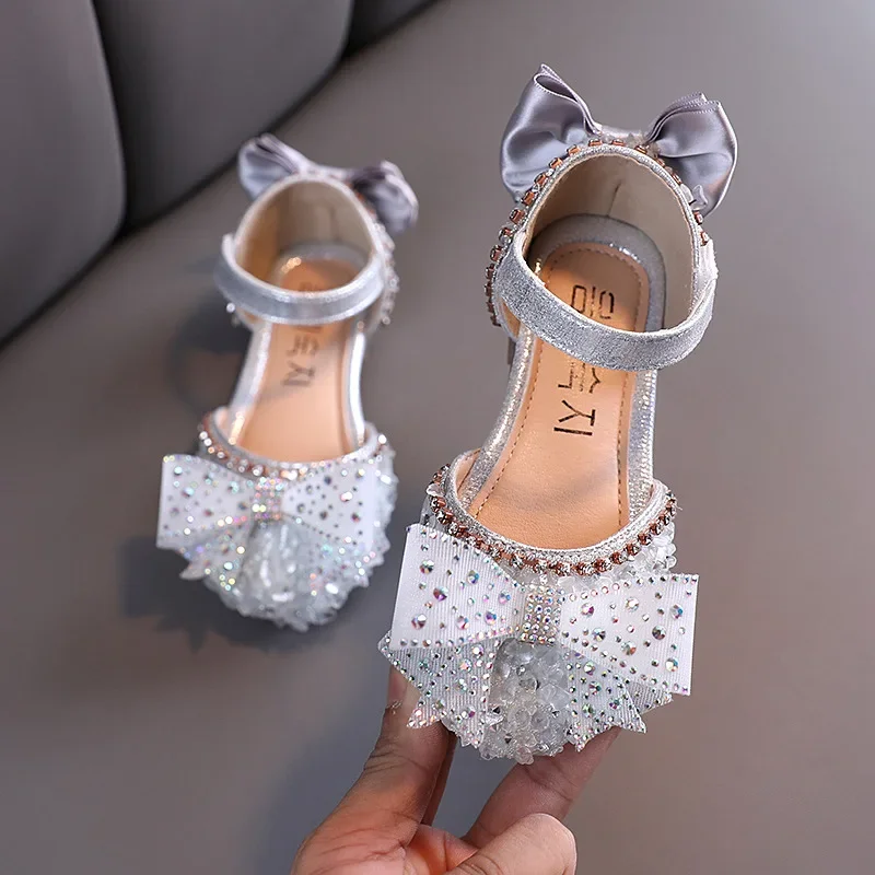 Summer Flat Grils Shoes Diamond Princess Party Kid Shoes Fashion Girls Sandals With Bow Soft Flat Sandals For Girls Kids