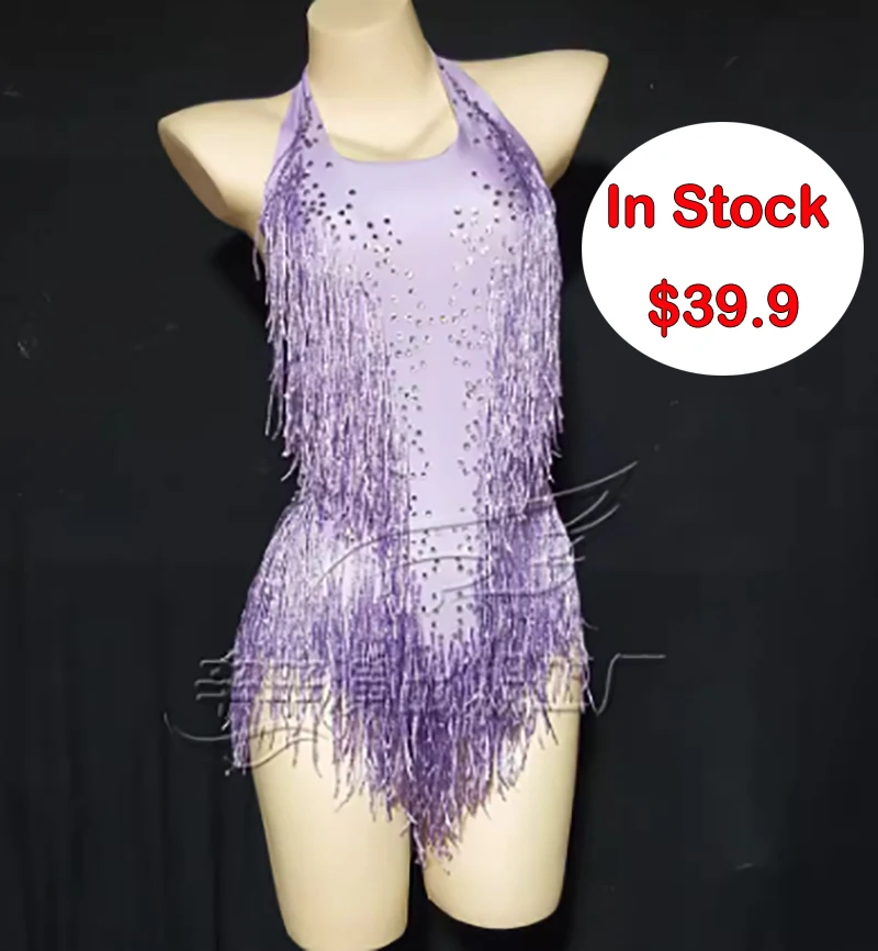 In Stock Nightclub Bar Dj Performance Costumes Purple Tassels Bodysuit Women Gogo Dancers Drag Queen Stage Costumes