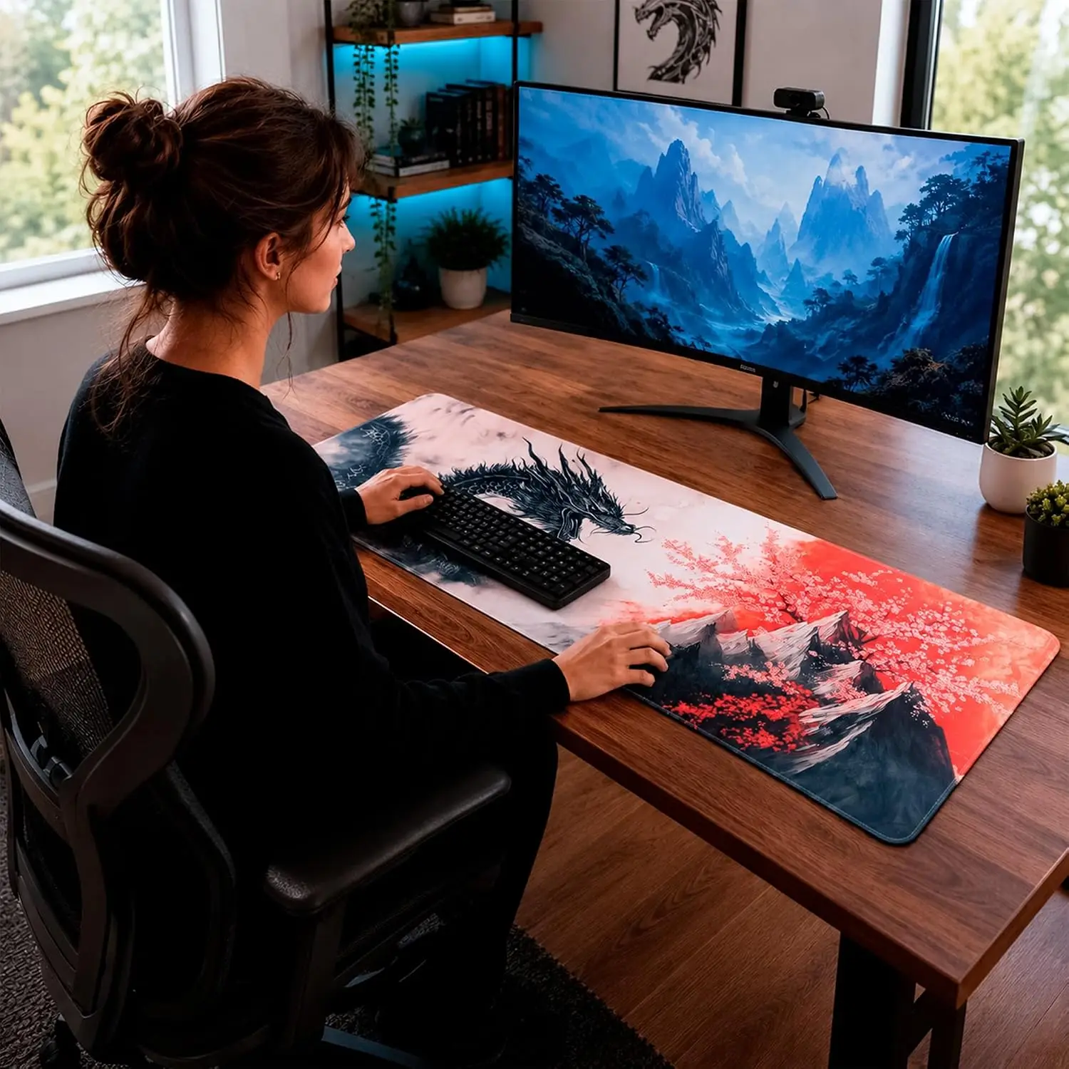 Ink Dragon Large Desk Mouse Pad,Traditional Black Dragon Sakura Mountain Oriental Scene Art Print,Non‑Slip Mat For Gaming Office