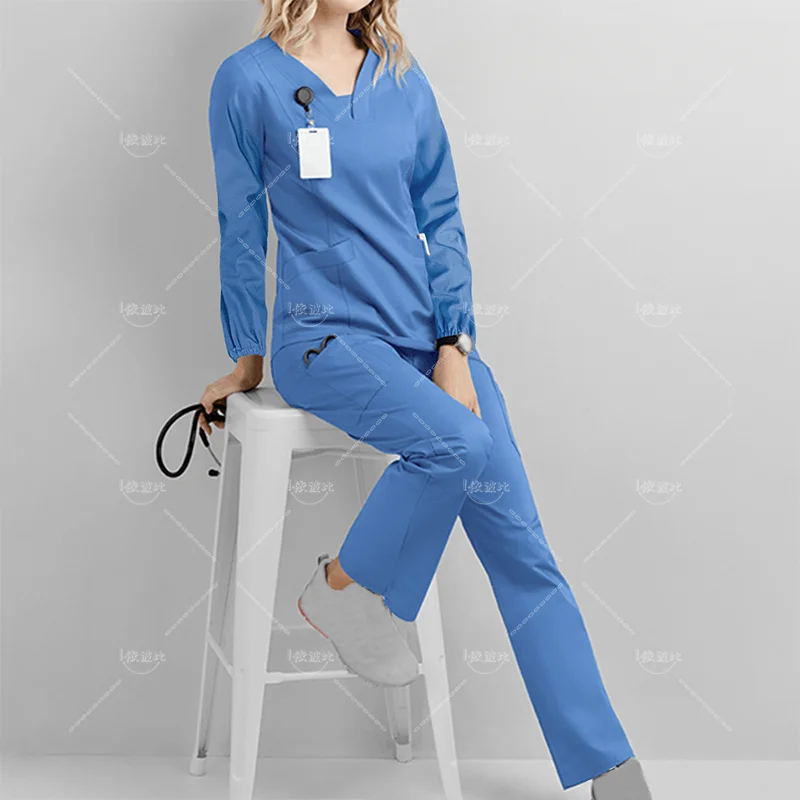 Uniforme de travail d'infirmière à séchage rapide avec poche, haut et pantalon unisexes, col en V, manches longues, solide, respirant, médical