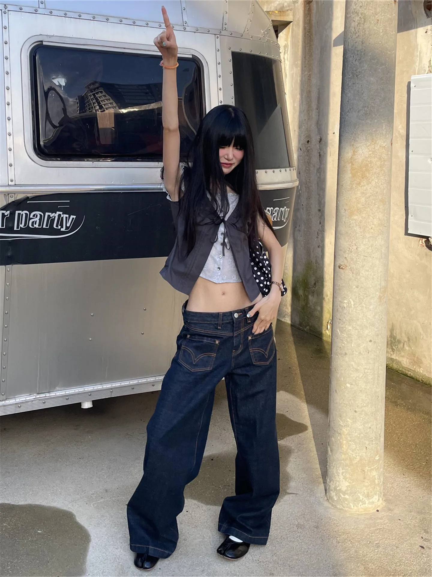 

Street Style Low Waist Wide Leg Jeans Women's Autumn Winter Loose Slimming Embroidered Straight Leg Pants Casual Cotton Jeans