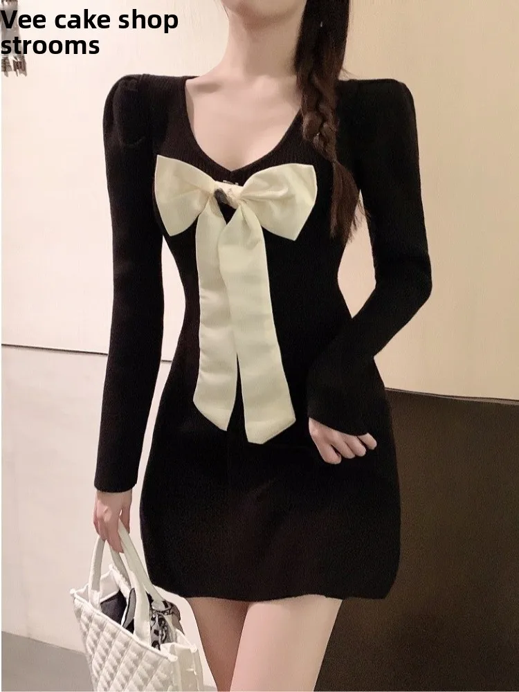 

Женское трикотажное платье с V-образным вырезом и рукавами-фонариками, с узлом, из мягкого полиэфирного волокна, с длинными рукавами, короткое.