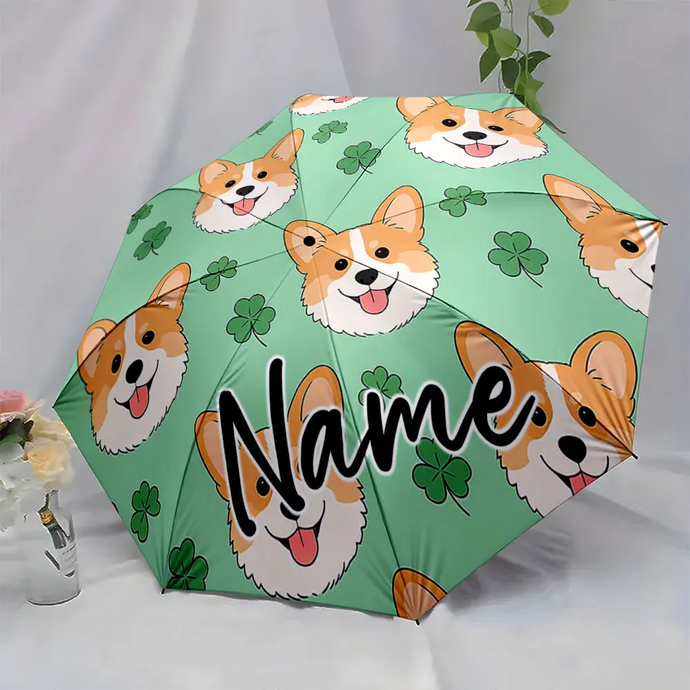 Custom Name Corgi Patterns and Clovers Adorn This Cute Umbrella Print 8 Iron Ribs Folding Umbrella Auto-Open Fashion Sunshade