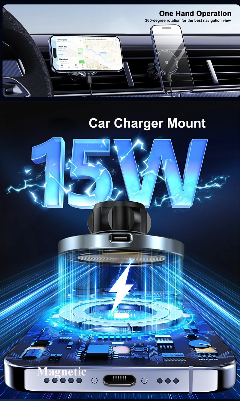 UYUXIO Magnetisches Kabelloses Auto-Ladegerät Adapter 15W Schnellladung Lüftungsschlitz-Autohalterung mit Magnet für iPhone 17 16 15 – Detail 3