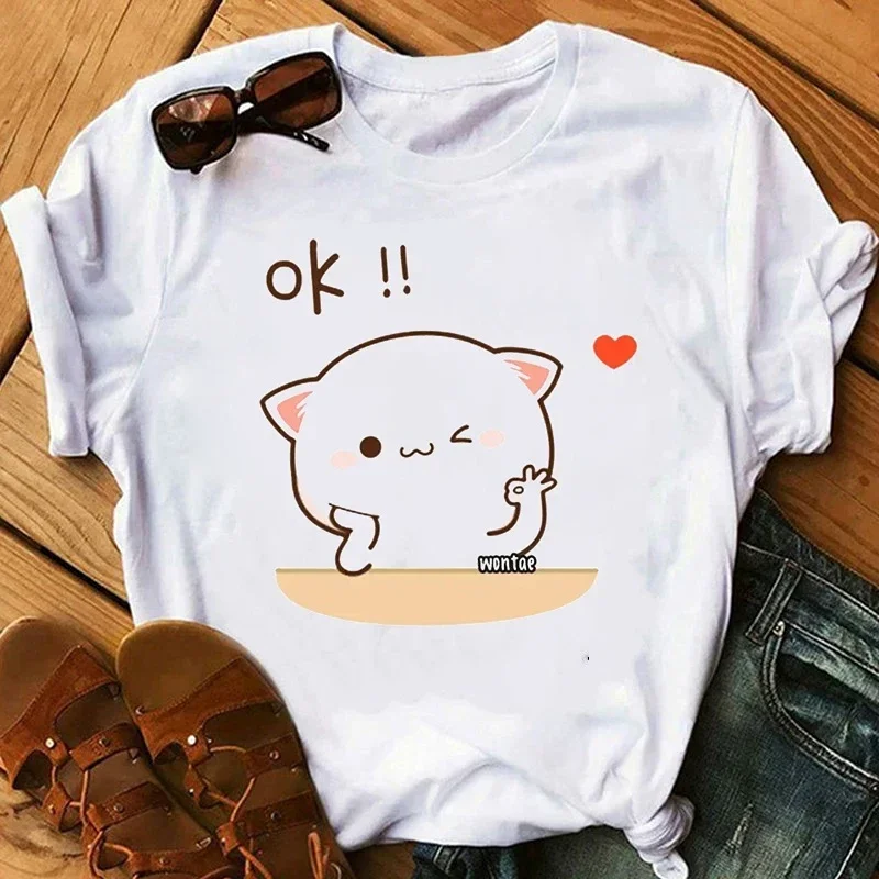 Cute Peach and Goma Mochi Cat Women T Shirt Cartoon Animal Print Kawaii Clothes Funny Tee Shirt Femme Harajuku Top