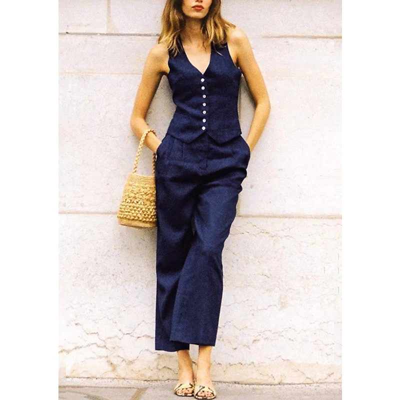 Retro Linen Women\'S Suits Women 2023 Blue Sleeveless Button Up Vest Tops + Wide Leg Pants Sets 2 Pieces Outfits Ensemble Femme