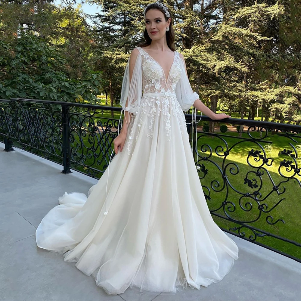 

Sexy Deep V Neck Wedding Dress A-Line 3/4 Sleeve Open Back Tulle Lace Appliquéd Boho Bridal Gown Vestidos Custom