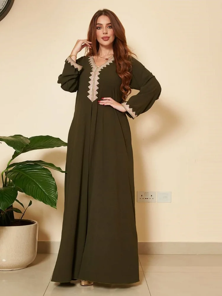 2025 nuevo vestido Abaya islámico para mujer banda de Color sólido Abayas de encaje moda suelta ropa de mujer musulmana Dubai Marruecos