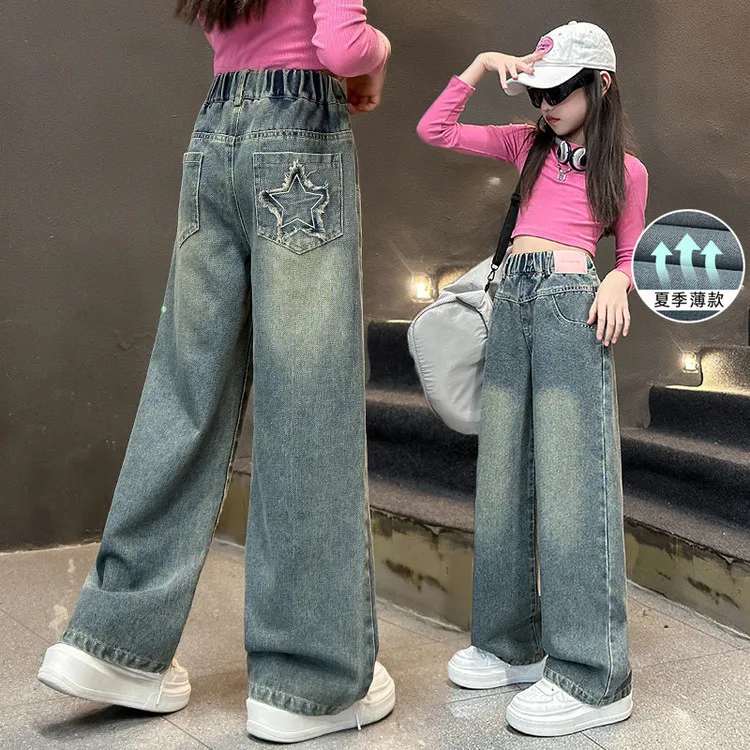 

Girls Straight Leg Jeans Wide Leg Pants Spring Summer Autumn New Arrival Kids Medium to Large Size Denim Trousers for Girls