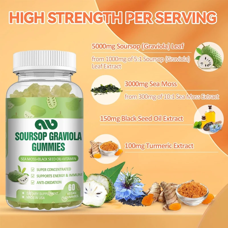 

Sourhop Graviola Gummies Sourhop Oil Organic Leaf Fruit and Seaweed Black Seed Oil Efficient Extract - Sourmelon Multivitamin