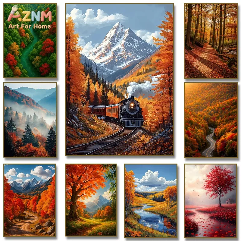 1PC Train Through Autumn Mountain Forest Landscape Poster Canvas Painting Print Wall Picture for Home Decor Cuadros