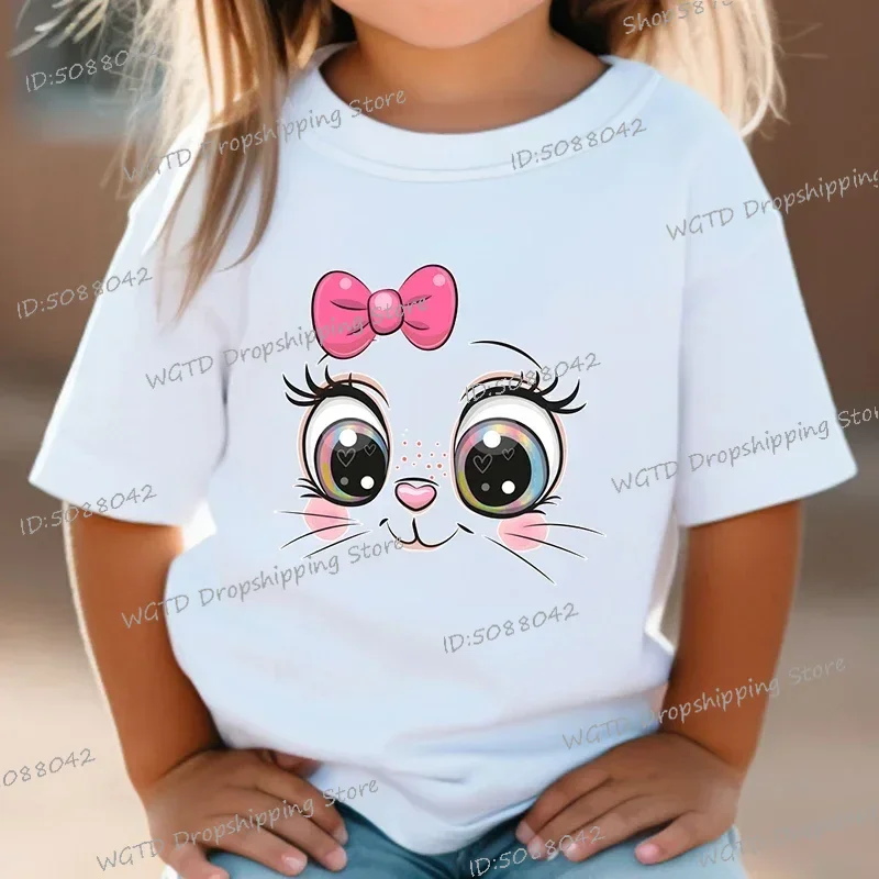 

Kids T Shirt Pink Bow Kitten Summer Shirt Girls Cute Cartoon Cat Graphic Tops White Short Sleeve Wild Tees Animal Anime Clothes